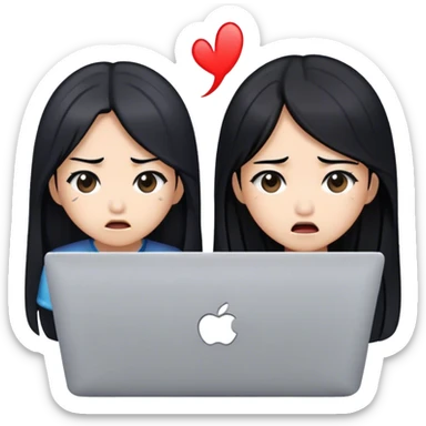 two asian girls long hair disgusted in front of macbook sticker