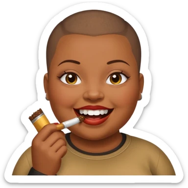 Fat black woman with buzz cut and chewing tobacco sticker
