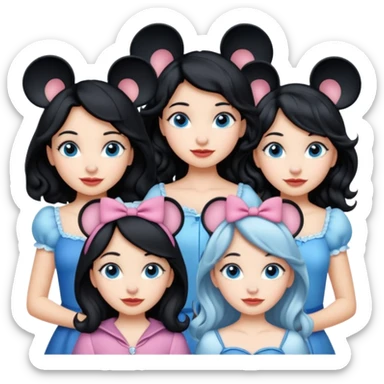 escribe el nombre Disneyland Paris y para titulo, pon a quatro chicas: una pelo corto negro, una pelo rizado largo, una pelo largo liso y la otra pelo ondulado mediano, esta con el ojos azules. Todas tienen piel carne sticker