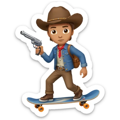A very dangerous looking cowboy holding a gun and riding a skateboard  sticker