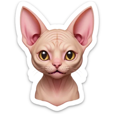 Cinematic Comical Sphynx Cat Portrait Emoji, Head tilted dramatically with an exaggeratedly shocked or offended expression, smooth, wrinkled skin in warm peach and pink hues, large bat-like ears perked up, piercing eyes widened in disbelief, Simplified yet hilariously expressive features, highly detailed, glowing with a slightly sassy glow, high shine, dramatic yet playful, stylized with an air of attitude, bright and endearing, soft glowing outline, capturing the essence of a sassy and over-the-top feline, so meme-worthy it feels like it could side-eye its way into internet fame instantly! sticker