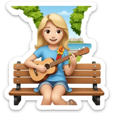 Teen girl – relaxed on park bench, strumming a ukulele, smiling.
 sticker