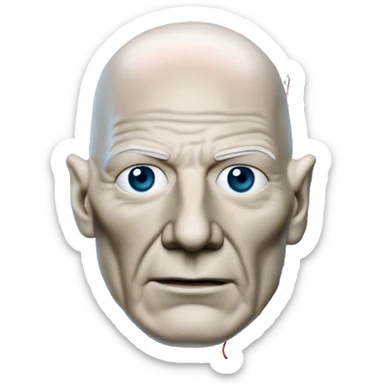 Jean luc picard from Star Trek assimilated by the Borg, with mechanical metal covering only the left side of his face, with wires and a red light on the left side. Both his eyes are unobstructed and are human blue eyes. sticker