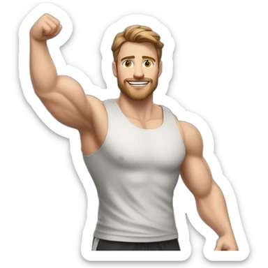 Close up Actively gesturing  with hands Pale skinned Fit Man With the biceps and brown hair in dark gray Sleeveless Mike, black oversize sports shorts, watch and white Sneakers sticker