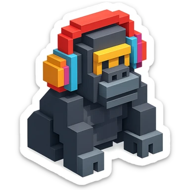 voxel style gorilla with colorful headphones, isometric view sticker