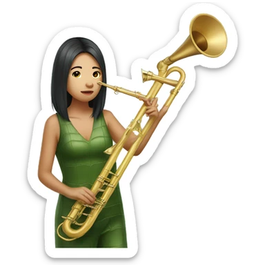 Asian girl in alligator costume with trombone  sticker