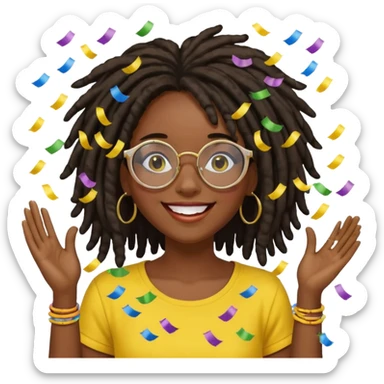 darker skin female with dark dreadlock hair wearing large round glasses and a yellow top celebrating with confetti sticker