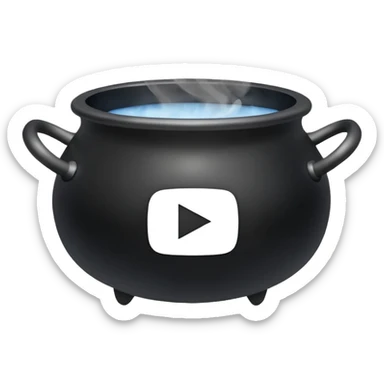 A black cauldron with smoke rising, and the white YouTube play button logo floating above the smoke sticker
