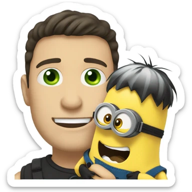 white male, black hair hugging and holding a minion with green eyes sticker