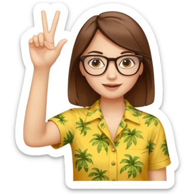 Hawaii female with white skin. Shoulder length straight brown hair. Brown eyes with glasses. Female wearing yellow Hawaiian print shirt. Women is making a hang loose sign with her left hand sticker