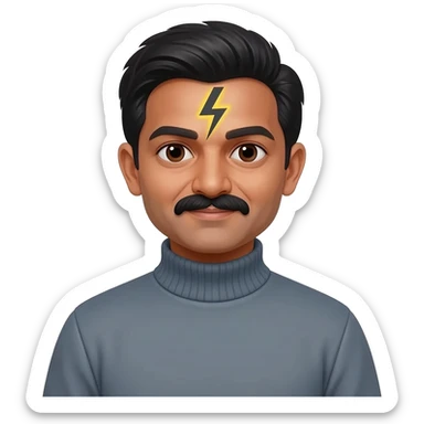 middle aged male indian primary school teacher without a moustache wearing a thick plain roller-neck jumper with a harry potter lightning  forehead mark sticker