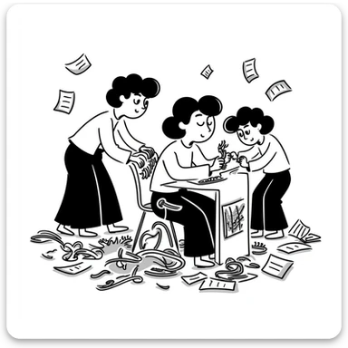 Messy group of confused teammates with mixed expressions and chaos sticker