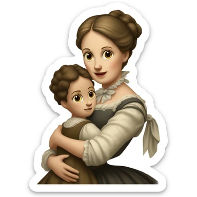 A 19th century white woman with a child in her arms. There is a big letter "A" on the dress sticker