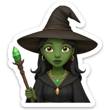 ведьма-африканка с зеленой кожей с широким носом в черном платье и черной ведьминской шляпе с посохом и длинными черными волосами  sticker