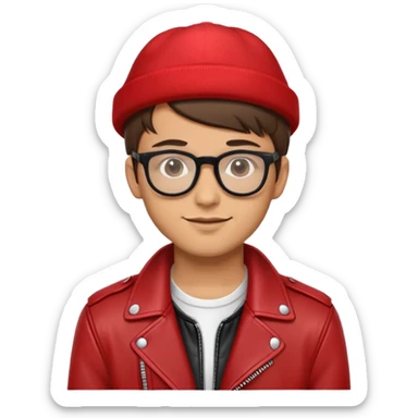 nam 20 tuổi, da vàng, tóc ngắn màu nâu, đội mũ màu đỏ, đeo kính màu đen, khoác áo da màu đỏ, nụ cười nhếch mép sticker