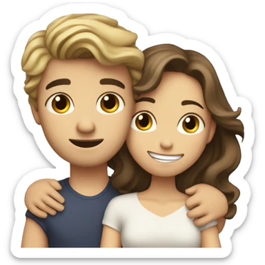 Brunette girl with wavy hair hugging blond boy lovingly couple sticker