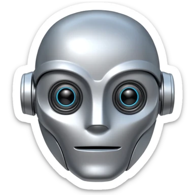 robot head inspired by The Wild Robot movie, focus on eyes and faceplate, metallic, clean sticker