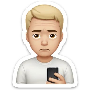 A sad-looking cartoon man holding a smartphone, staring at the screen with worried eyes and a frown, wearing a white shirt. sticker