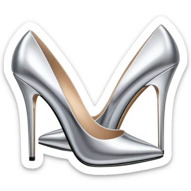 A pair of high heel shoes emoji made of polished silver chrome, elegant sharp silhouette, smooth metallic surface, glossy reflections, luxury sexy vibe, minimalistic iOS emoji style, centered, clean white background sticker