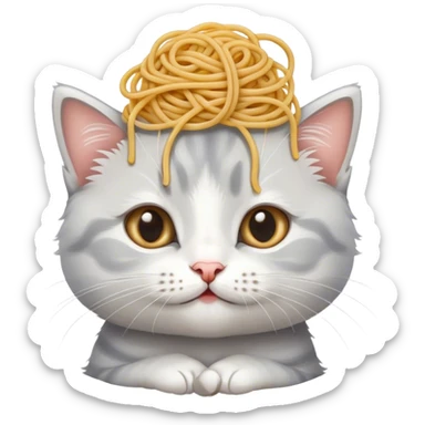 white and gray kitten with spaghetti on its head sticker