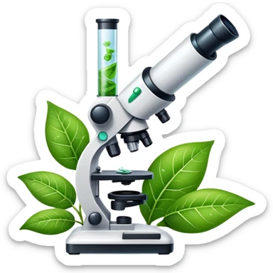 An icon featuring a microscope, a DNA strand, and a plant, symbolizing biology. The design includes animal cells, a leaf, and scientific formulas, representing the study of living organisms and ecosystems. Transparent background highlights biological research and discovery. sticker
