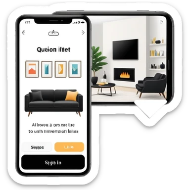 smartphone with interior design style quiz app showing swipe left and right arrows between modern and traditional living room styles sticker