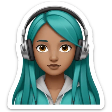 Brown skinned woman with long straight teal hair wearing headphones  sticker