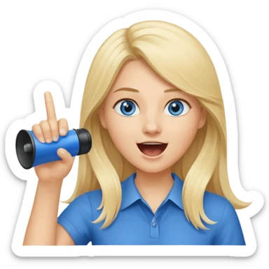 blue eyes blonde girl yelling into megaphone and holding up 1 finger in the other hand smiling long hair sticker