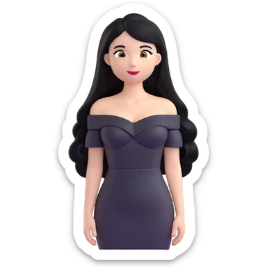 woman with long black hair, black off-shoulder dress, white skin, 3d emoji style sticker