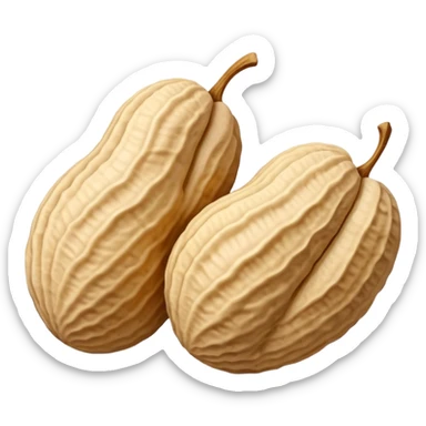 two or three whole peanuts in rough beige textured shells with irregular oval shapes and natural ridges, one shell slightly open revealing smooth pale nuts inside, apple emoji style, soft lighting, subtle shadows, transparent background, emoji scale sticker