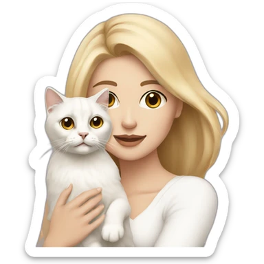 blonde woman with brown eyes holding a white persian cat sticker