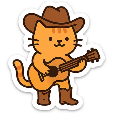 flat toon orange cowboy cat with cowboy boots strumming an acoustic guitar sticker