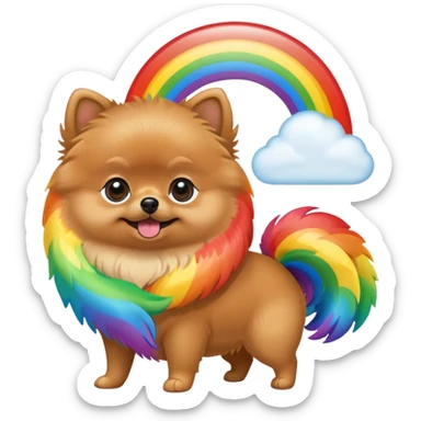 A perfect Tan Pomeranian holding a rainbow sticker