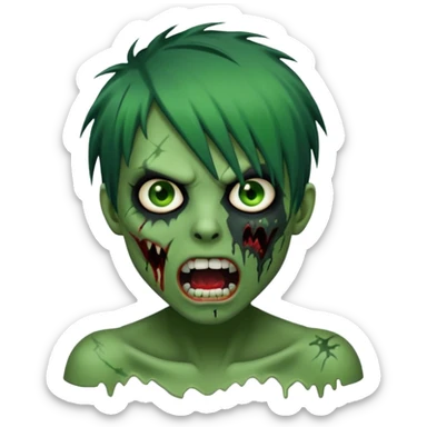  emo zombie black punk hairs green skin with cuts on face and open mouth with fluid coming out of mouth sticker