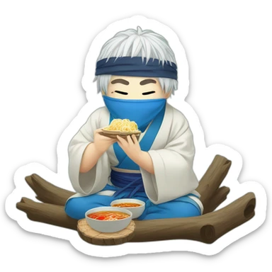 blindfolded man sitting on a log with white anime style hair and blue kimono eating ramen sticker
