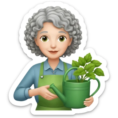 Older female florist – curly hair, hold garden watering pot sticker