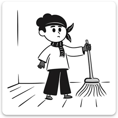 Levi Ackerman cleaning with bandana over hair, gloves, holding broom, annoyed expression sticker