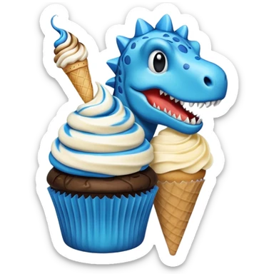A cupcake having blue and black icing and a dinosaur as a decoration and ice cream next to it sticker
