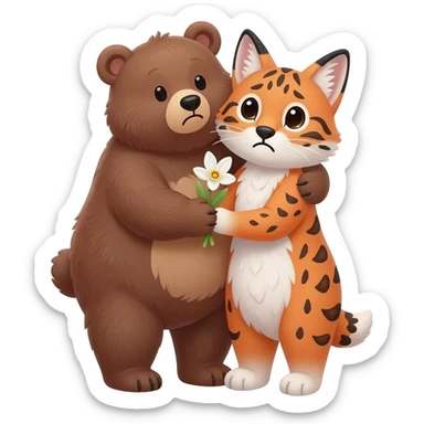 lovely bear hugs the nervouse lynx and gives her snowdrop flower sticker