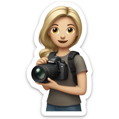 Girl with dark blonde loose ponytail Holding a Nikon Camera in her hands sticker