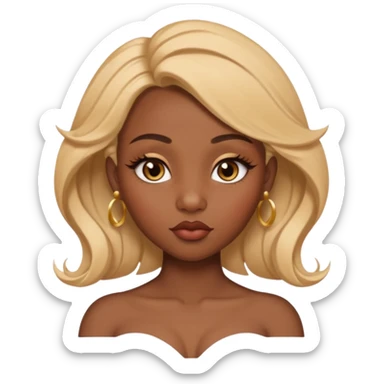 darkskin female with eyebrows that are naturally shaped and frame eyes well, eyes that are almond-shaped with defined lashes. nd lips are full with a defined cupid’s bow, add also a septum piercing that adds an edgy, stylish flair. a middle-part, honey blonde bust-down with laid baby hairs sticker