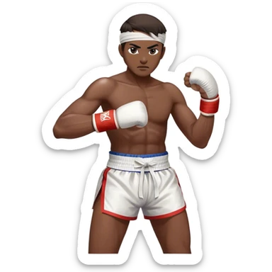 ​Cinematic Realistic Traditional Muay Thai Fighter, depicted in authentic attire featuring white bandaged gloves wrapped around his fists, a traditional headband tied neatly, and classic Muay Thai shorts, captured in a dynamic fighting stance under dramatic, high-energy lighting that highlights the raw power and elegance of the art, sticker