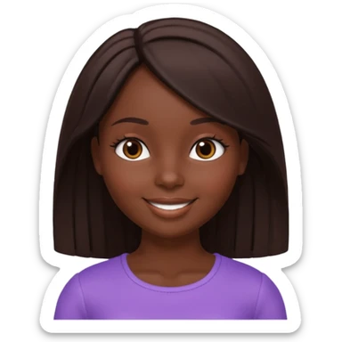 Boneca digital em estilo 3D realista e fofo, semelhante a uma boneca colecionável. Mulher jovem com pele negra, olhos castanhos escuros, cabelo liso cor chocolate, longo e bem alinhado.  sticker