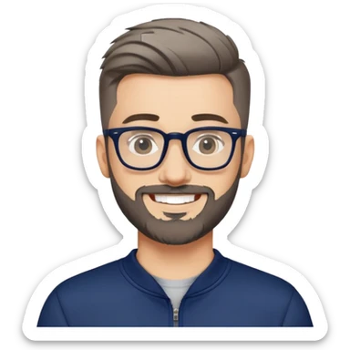 Fair-skinned man with fade haircut (extremely short on sides, slightly longer on top), short salt and pepper beard, large black-framed glasses, smiling, wearing navy blue long sleeve zip sweatshirt sticker