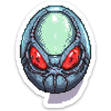 a strange large transparent alien egg, floating inside with a visible creature inside, embryo, embryonic, fetal shape, primordial, early growth, 3 glowing red eyes, illuminated from above, shining glass egg sticker