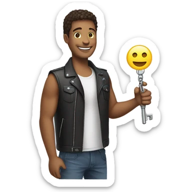 A happy person holding a motorcycle key in his hand sticker