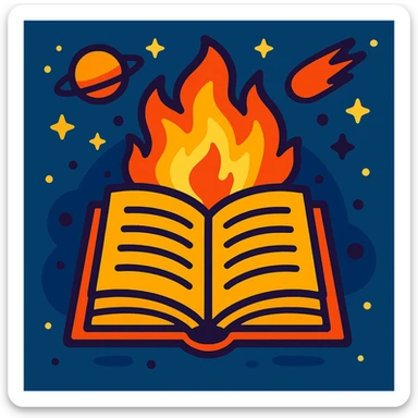 fun event icon featuring a book and fire, with a space theme, vibrant colors, playful style sticker