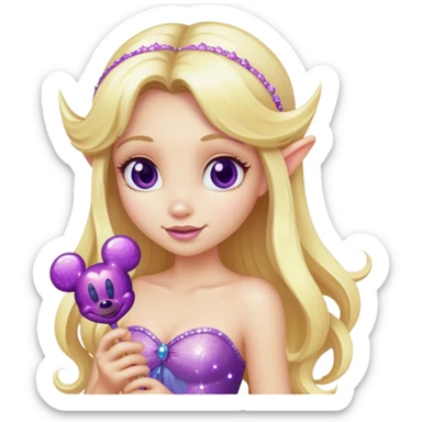 Long hair blonde fairy with purple sparkles holding a Mickey pop   sticker