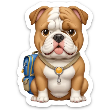 English bulldog tour guide with a whistle and a backpack sticker