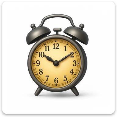 Create an alarm clock emoji that looks exactly like the reference image in iOS emoji style. The emoji should be 3D with shiny, smooth gradients, soft shadows, and a realistic classic alarm clock shape with the classic emoji look. Add a soft shadow under the clock. sticker